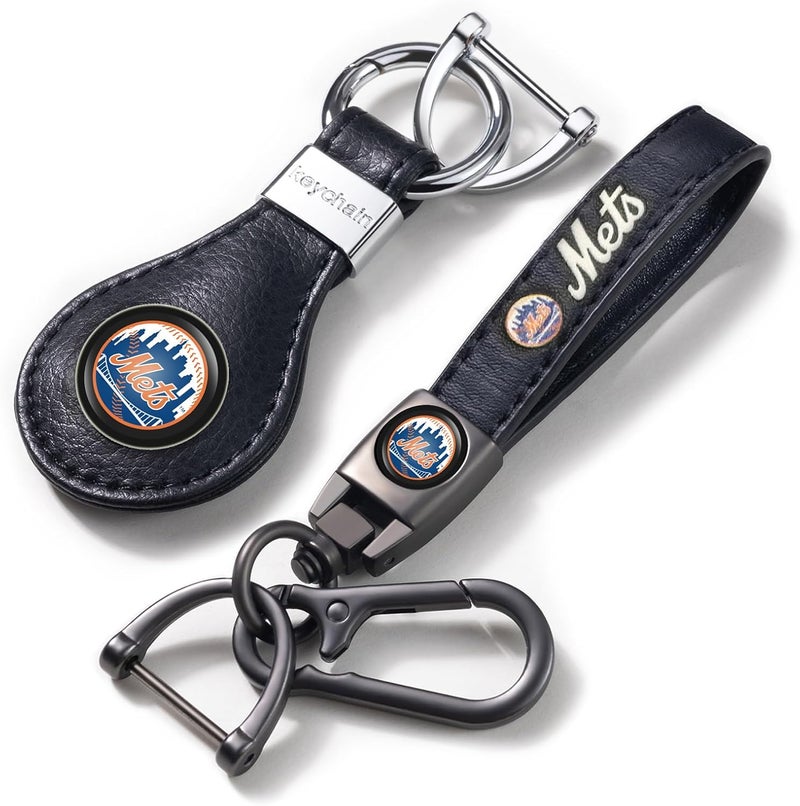 EMIJOY Mets Car Keychain Keyring for NY Mets Baseball Fans,New York Mets Car Accessories 2 Packs Leather Auto Keychain,Women/Men's Key Chains for Vehicles,Key Ring Lanyard for Auto KeyFob Holder - Image 1